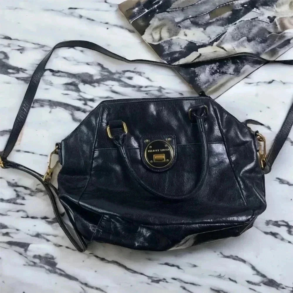 Elliot Lucca Black Leather Handbag Satin Interior